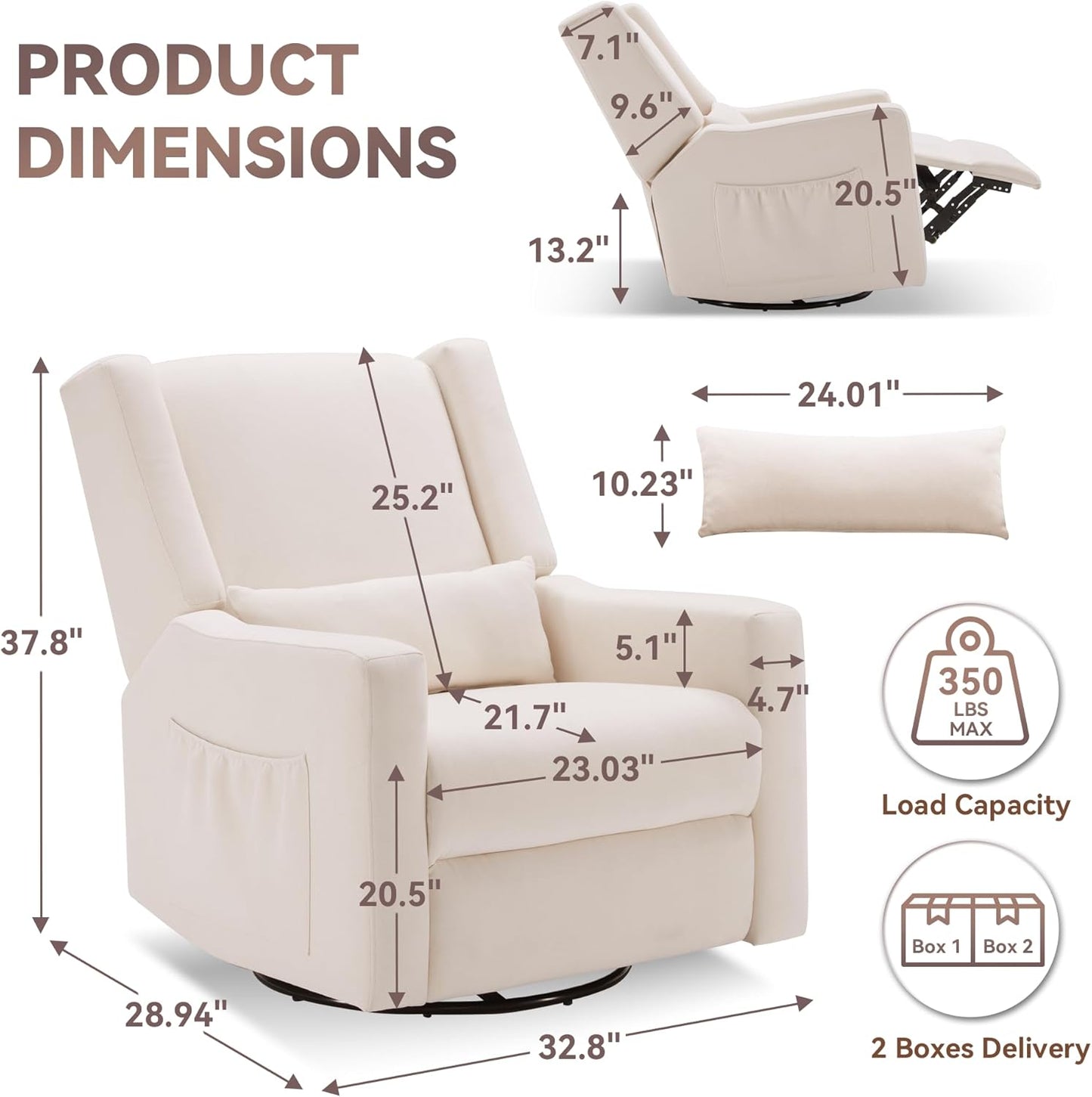Tbfit Nursery Rocking Chair,360°Swivel Recliner Chair with Lumbar Support for Bedroom, Comfy Upholstered Armchair with Pillows & Footrest for Living Room & Baby Room