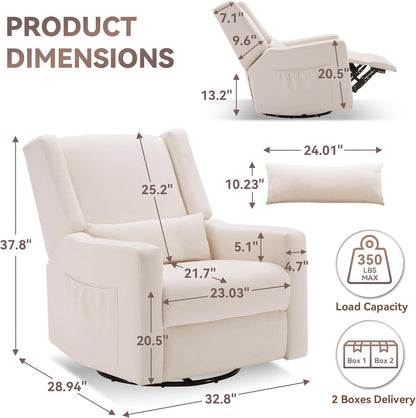 Tbfit Nursery Rocking Chair,360°Swivel Recliner Chair with Lumbar Support for Bedroom, Comfy Upholstered Armchair with Pillows & Footrest for Living Room & Baby Room