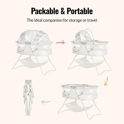 Dream On Me Karley Bassinet, Award Winner Lightweight Travel Baby Bassinet, Foldable Bedside Sleeper, Adjustable Double Canopy, Spacious Design, Soft Fabric, Storage Basket – Blue and Grey