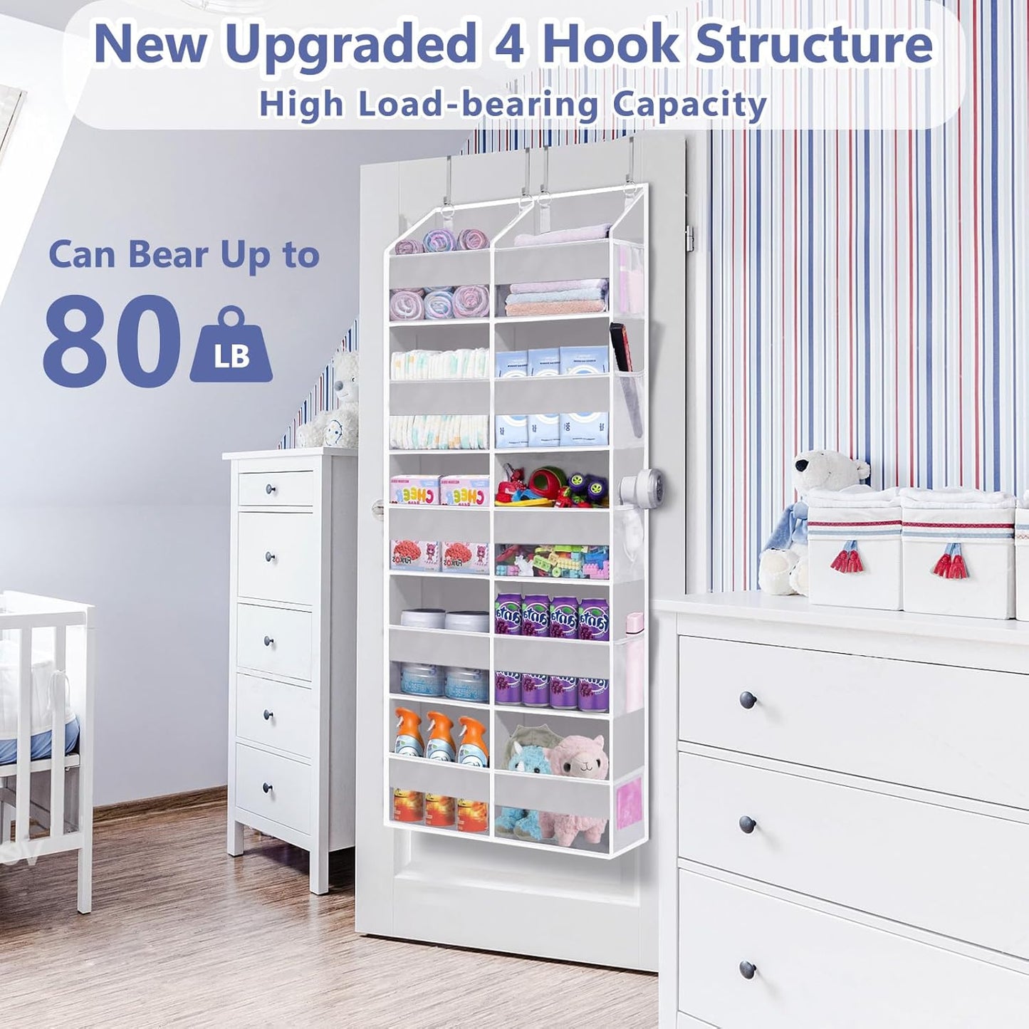 Heavy Duty Over The Door Organizer 5 Tiers, Extra Large Behind Door Storage of 10 Big Front & 10 Mesh Pockets, 80lb Weight Capacity, Hanging Doors Storage Organizer for Closet Bedroom Nursery, Grey