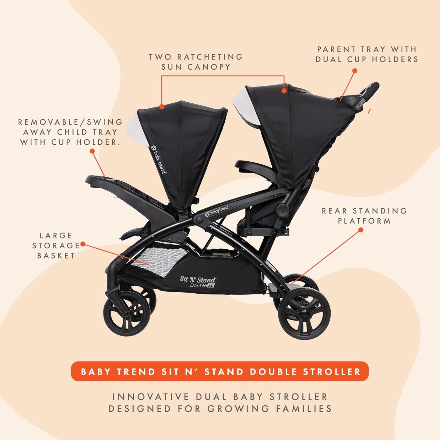 Baby Trend Double Stroller with Canopy Visors, Storage Basket and 2 Cup Holders, Sit N' Stand 2.0 DLX, Stormy – Foldable Infant and Toddler Tandem Stroller and Travel System