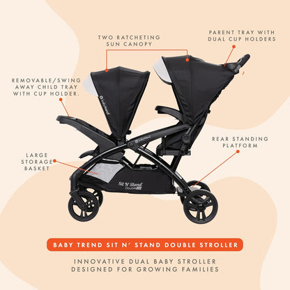 Baby Trend Double Stroller with Canopy Visors, Storage Basket and 2 Cup Holders, Sit N' Stand 2.0 DLX, Stormy – Foldable Infant and Toddler Tandem Stroller and Travel System