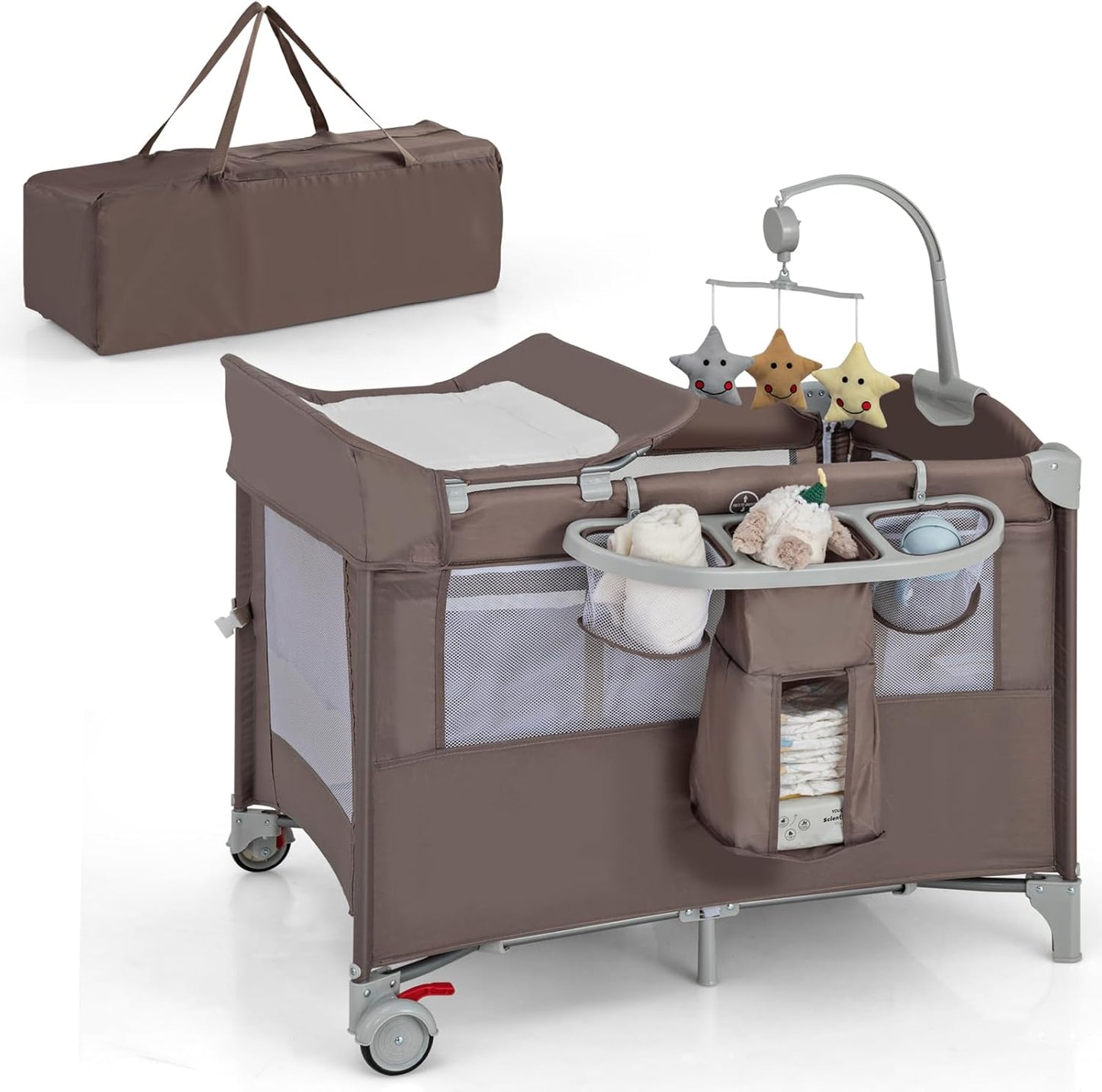 HONEY JOY Pack and Play with Bassinet, 5-in-1 Baby Bedside Sleeper w/Diaper Changing Table & Storage Bag, Toy Arch & Music Box, Detachable Side Rail, Portable Baby Play Yard w/Carry Bag(Gray)