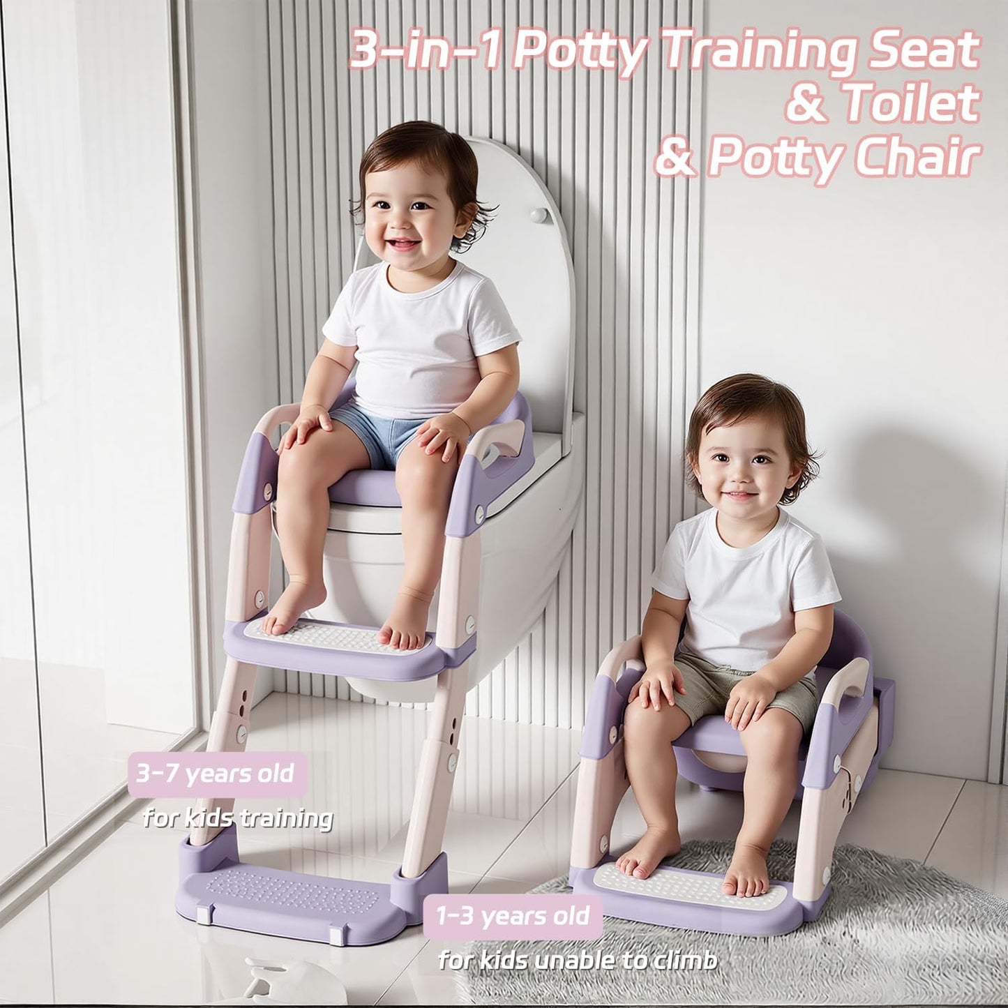 Snugzy Toddler Potty Training Seat 3-in-1 Foldable Potty Training Toilet with Step Stool Adjustable Potty Chair with Urinals (Grey)