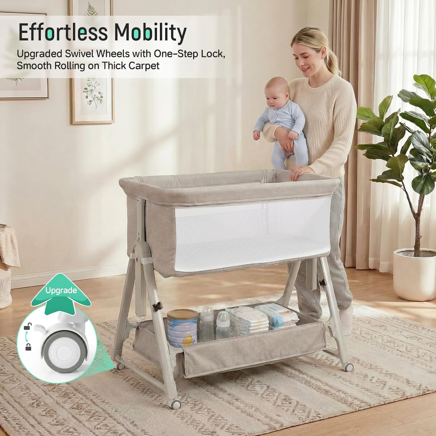 Cowiewie Bassinet Bedside Sleeper,3-in-1 Baby Bassinet with Mattress & Wheels,Easy Folding Portable Bedside Bassinet for Baby with Storage & Travel Bag,Breathable Mesh,Stable & Secure,Beige