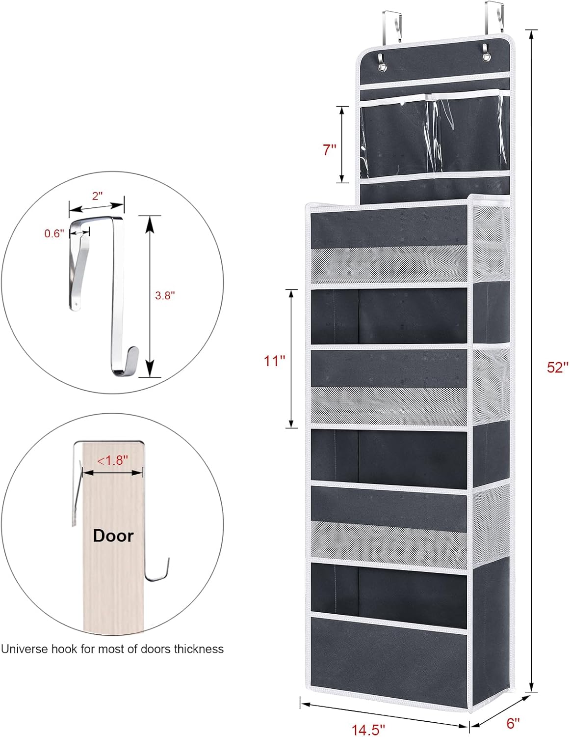 Univivi Over The Door Organizer, 5 Shelf Door Hanging Organizer Nursery Door Storage with 4 Large Compartments and 2 Small PVC Pockets 6 Side Pockets for Bathroom,Cosmetics and Nursery Baby Essential