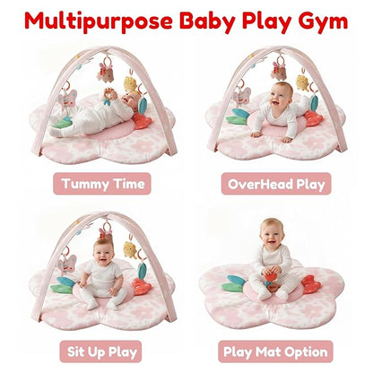 Baby Play Gym & Activity Mat with Light-up Musical Arch, Washable Tummy Time Mat with 6 Detachable Sensory Toys for Motor Skills, Baby Essentials Shower Gift - Updated Spring Blossoms Themed