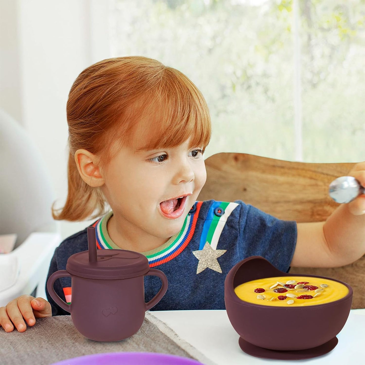 100% Silicone Baby Feeding Set, BPA Free Baby Dishes with Suction Bowl, Divided Plate, Toddler Self Feeding Dish Set with Spoons, Forks, Sippy Cup and Bib, Baby Eating Utensils (Navy Blue)