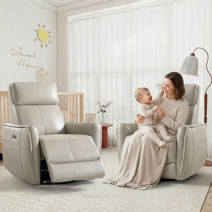 HAOMARKETS Electric Swivel Rocker Recliner Chair, Power Faux Leather Glider Rocking Recliners for Adults,360° Swivel Nursery Reclining Sofa with USB Charging Port, White