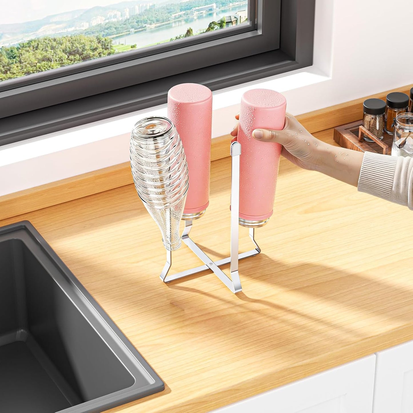 Water Bottle Drying Rack, Foldable Cup Drying Rack for Counter, Stainless Steel Tumbler Dryer Stand, Multifunctional Space-Saving Dryer Racks for Bottles, Baby Bottle, Glass & Plastic Bag (Silver)