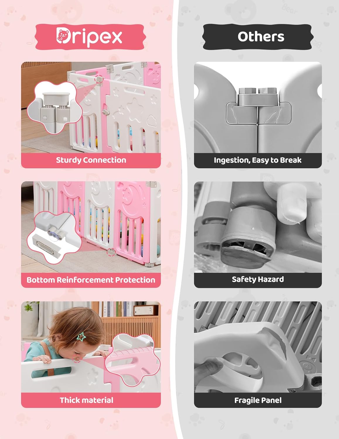 Baby Playpen, Dripex Baby Playard for Babies and Toddlers, 14-Panel Foldable Playpen Adjustable Portable Play Area, Indoor/Outdoor Kids Active Center with Game Panel & Safety Gate, Grey White