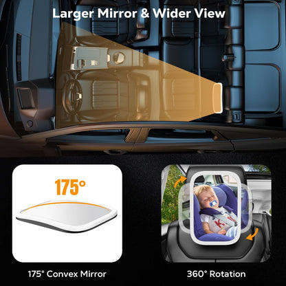 MoKo Baby Car Mirror with Light, Shatterproof Car Seat Mirror for Baby Rear Facing with Remote, 360°Rotation Rechargeable Carseat Mirrors Rear Facing, Anti-Shaked Hook Clip Design,Clear Vison