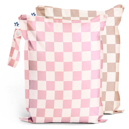 Tiny Twinkle Mess Proof Wet Bags | 2-Pack Reusable Waterproof Wet Bags for Swimsuits | Baby Clothes | Travel & Diaper Bag (Pink, Brown Checkers) - Colors B