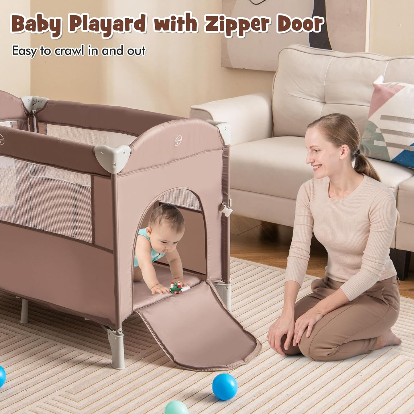 HONEY JOY Pack and Play with Bassinet, 5-in-1 Baby Bedside Sleeper w/Diaper Changing Table & Storage Bag, Toy Arch & Music Box, Detachable Side Rail, Portable Baby Play Yard w/Carry Bag(Gray)