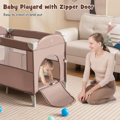 HONEY JOY Pack and Play with Bassinet, 5-in-1 Baby Bedside Sleeper w/Diaper Changing Table & Storage Bag, Toy Arch & Music Box, Detachable Side Rail, Portable Baby Play Yard w/Carry Bag(Gray)