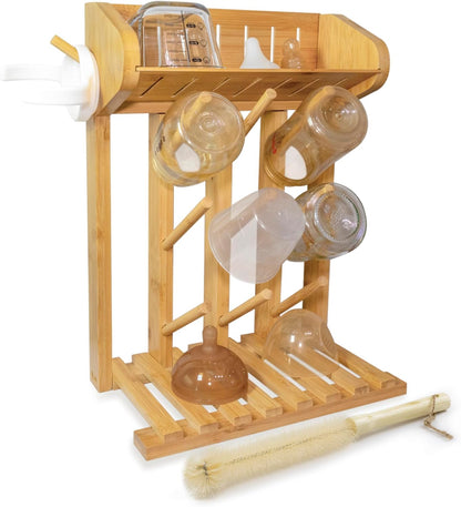 Bamboo Baby Bottle Drying Rack, Vertical Space Saving Kitchen Organizer, 9 Bottle Capacity, Countertop Storage Holder and Bottle Dryer with Draining Base (Comes with a Free Cleaning Brush)