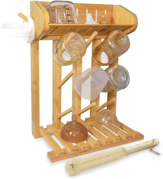 Bamboo Baby Bottle Drying Rack, Vertical Space Saving Kitchen Organizer, 9 Bottle Capacity, Countertop Storage Holder and Bottle Dryer with Draining Base (Comes with a Free Cleaning Brush)