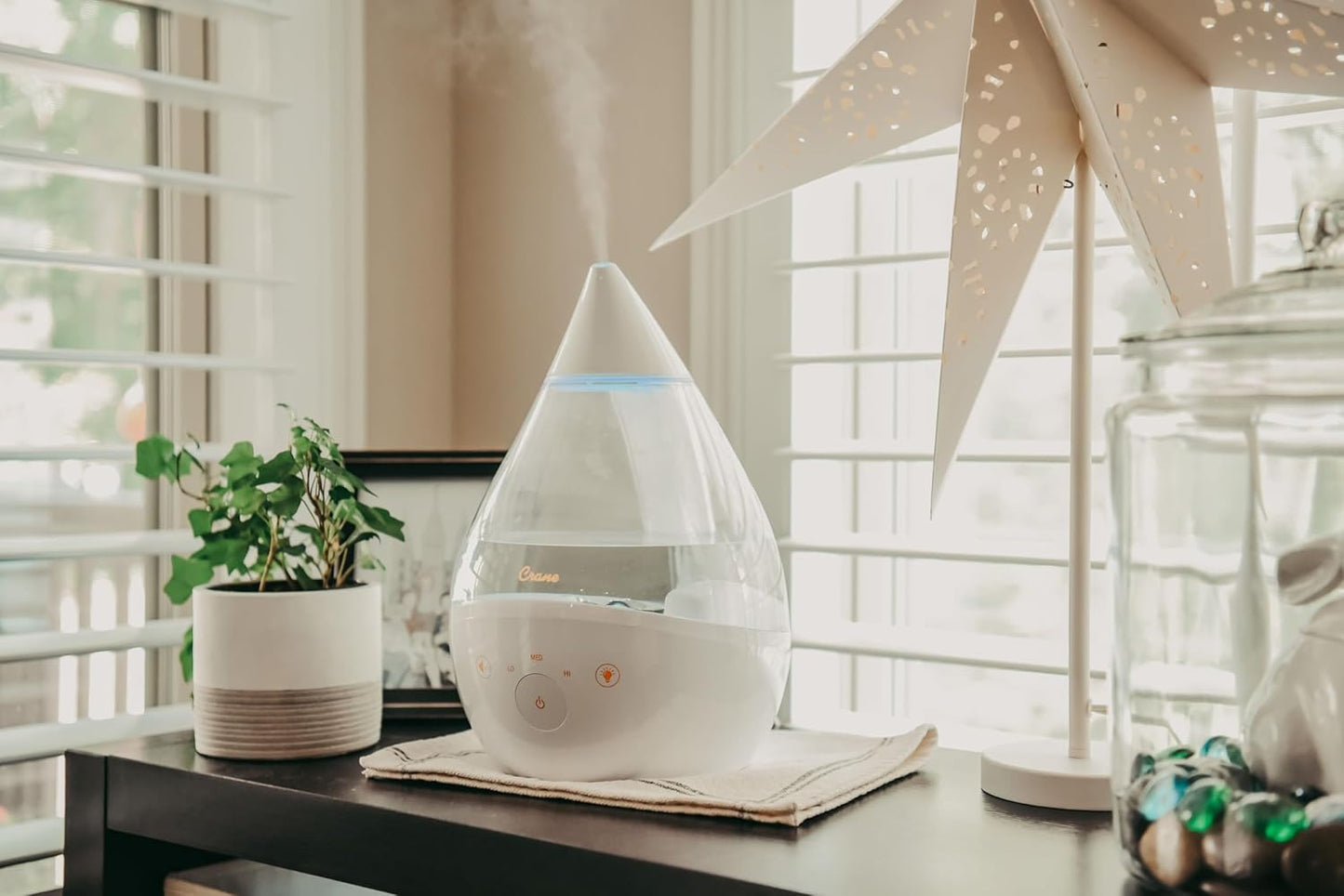 Crane 4-in-1 Drop 2.0 Ultrasonic Cool Mist Humidifier with Sound Machine, Night Light, Aroma Tray, 1 Gallon Top Fill, Blue & White
