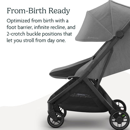 UPPAbaby Minu V3 Travel Stroller | Lightweight + Compact Design | One-Hand Fold + Unfold | from Birth + Overhead Compatible | Evelyn (Meadow Green/Carbon Frame/Chestnut Leather)
