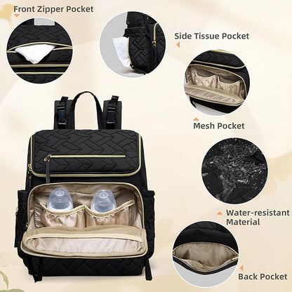 Omanmoli Diaper Bag Backpack Large Baby Travel Bag Diaper Essential Bag with 17 Diaper Bag Organizers,4 Insulated Pockets,Portable Changing Pad,Stroller Buckles,Black