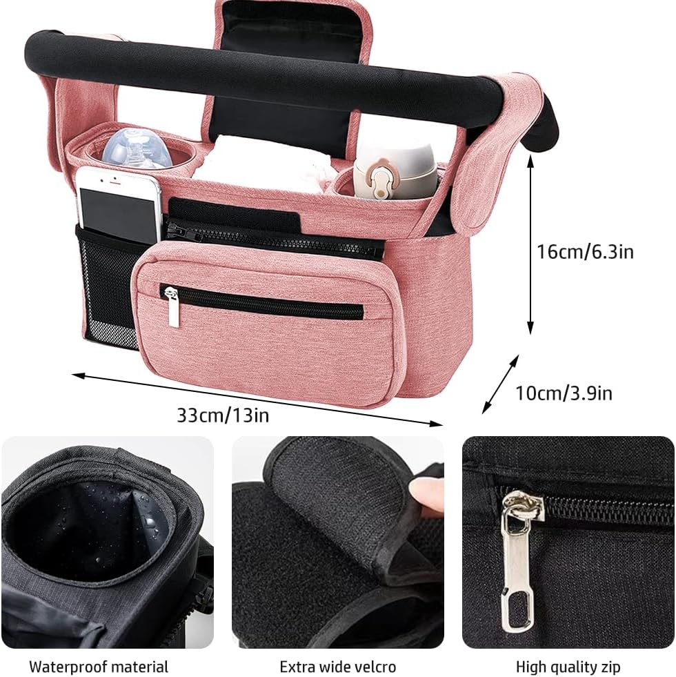 Baby Stroller Organizer, Universal Stroller Organizer with Detachable Phone Bag, Stroller Caddy with 2 Insulated Cup Holders, Buggy Organizer Bag with 2 Hooks Fits Most Strollers (Balck)