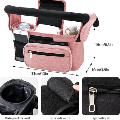 Baby Stroller Organizer, Universal Stroller Organizer with Detachable Phone Bag, Stroller Caddy with 2 Insulated Cup Holders, Buggy Organizer Bag with 2 Hooks Fits Most Strollers (Balck)