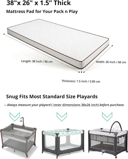 Pack and Play Mattress 38"x26" Playard Baby Pad for Pack n Play, No Gap Safer 3D Piped Edge, 1.5" Thick Medium Firm, Breathable Waterproof Washable Cover, White