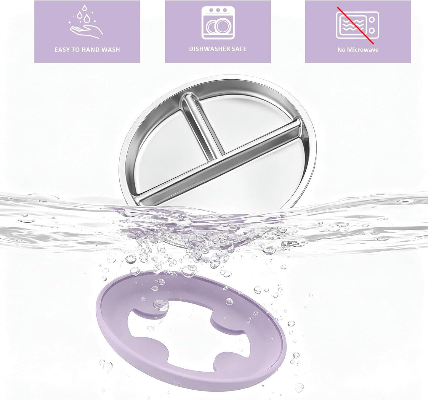 Bakpoco Stainless Steel Toddler Plate with Suction, 9” Divided Plates with Removable Silicone Sleeves for Kids, Non Toxic & BPA Free | Non Slip | Unbreakable Baby Snack Dishes Set of 2, Blue & Gray