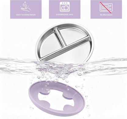 Bakpoco Stainless Steel Toddler Plate with Suction, 9” Divided Plates with Removable Silicone Sleeves for Kids, Non Toxic & BPA Free | Non Slip | Unbreakable Baby Snack Dishes Set of 2, Blue & Gray