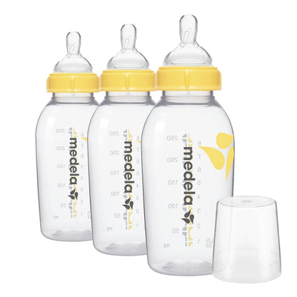 Medela Slow Flow Feeding & Storage Bottles, 3 Pack of 5 Ounce Bottle with Nipple, Lids, Wide Base Collars, and Travel Caps, Made Without BPA