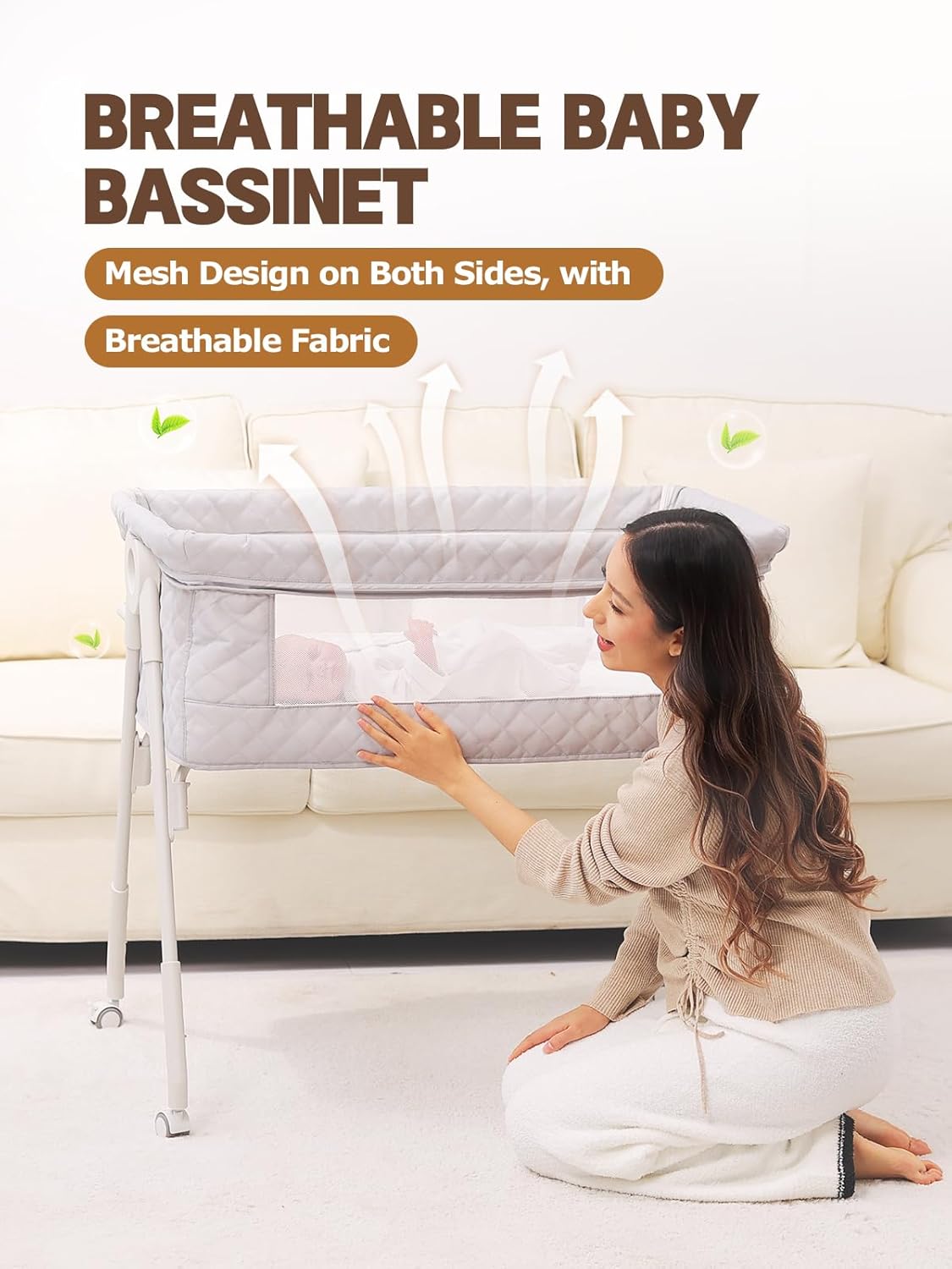 Baby Bassinet Bedside Sleeper - Upgrade Safety Bassinets with Crib Sheet, Easy to Move, 4 Adjustable Height Bedside Bassinet for Infant Newborn, Cream | More Safer, Easy Move, Storage Bag, Waterproof Sheet, Storage Bag, Easy to Install