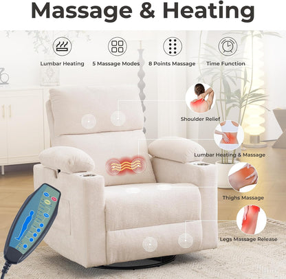 Rocking Chair Nursery with Adjustable Armrests, Electric Glider Recliner Nursing Chair for Breastfeeding, Power Swivel Recliner Chairs with Massage and Heat, Adjustable Headrest , FSC Certified, White