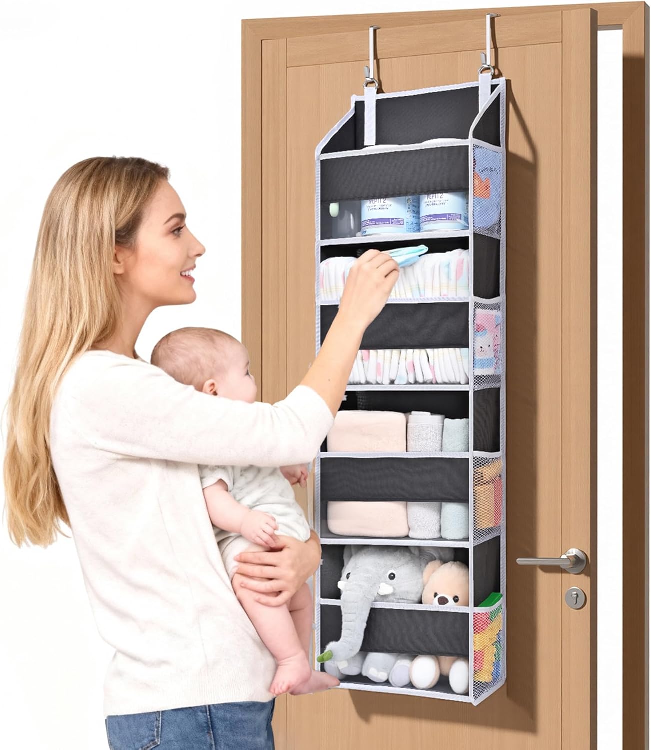 ULG 1 Pack Over Door Organizer with 5 Large and 10 Mesh Side Pockets, 44 lbs Weight Capacity Hanging Storage with Clear Window Kids Toys, Shoes, Diapers, Dark Grey, 5 Layers