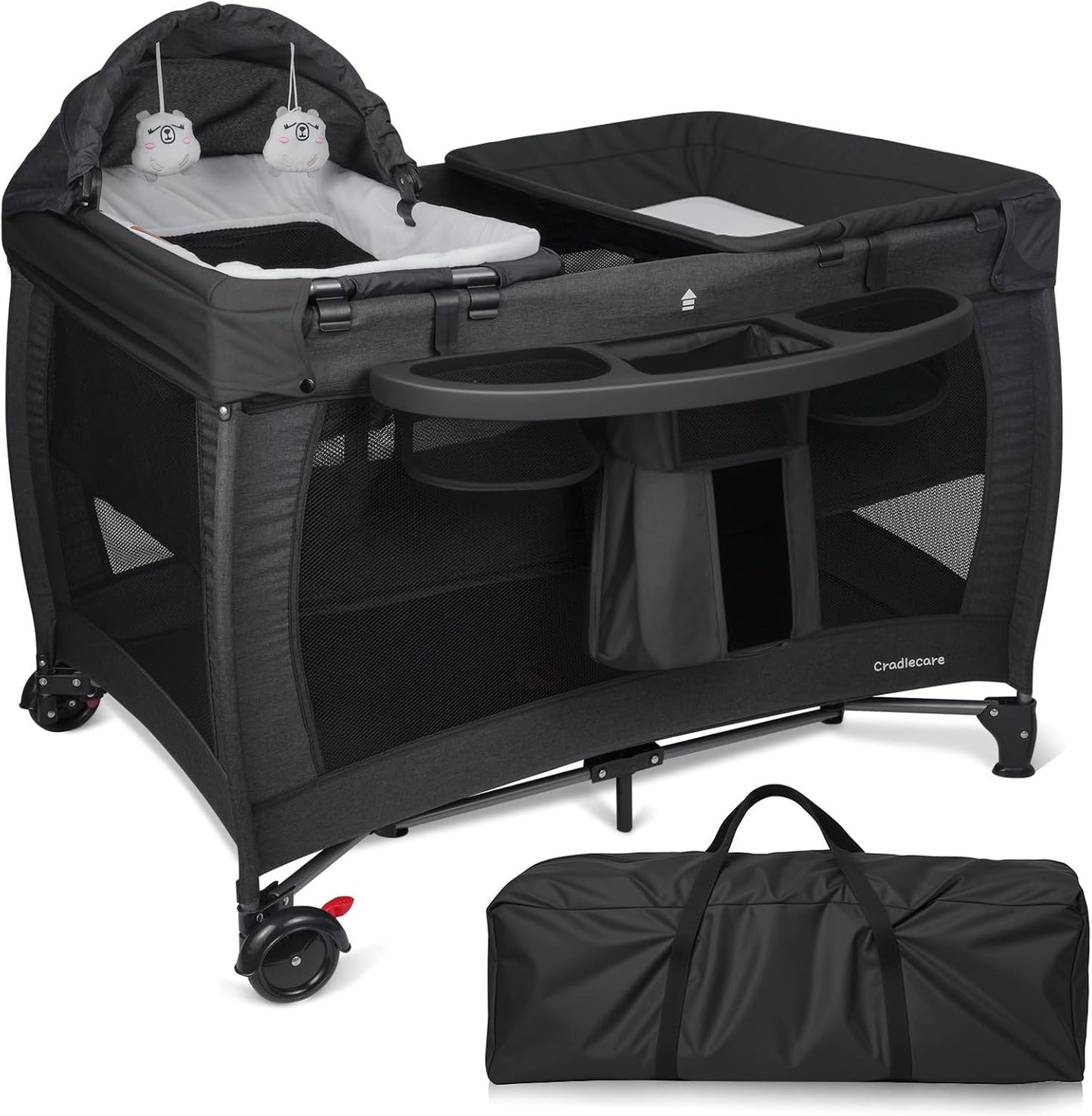 3 in 1 Pack and Play, Baby Bassinet, Changing Tabler - Portable Baby Playpen for Babies and Toddlers, Foldable Playard with Locking Wheels & Storage Diaper Basket(Black)