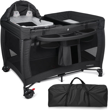 3 in 1 Pack and Play, Baby Bassinet, Changing Tabler - Portable Baby Playpen for Babies and Toddlers, Foldable Playard with Locking Wheels & Storage Diaper Basket(Black)