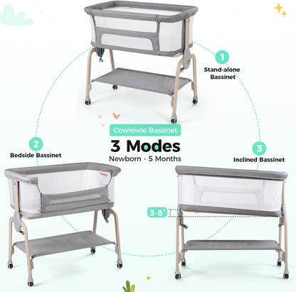 Cowiewie Bassinet Bedside Sleeper, Breathable Baby Bedside Bassinet and Mattress, Lightweight and Portable for Bedside Sleeping, Light Grey