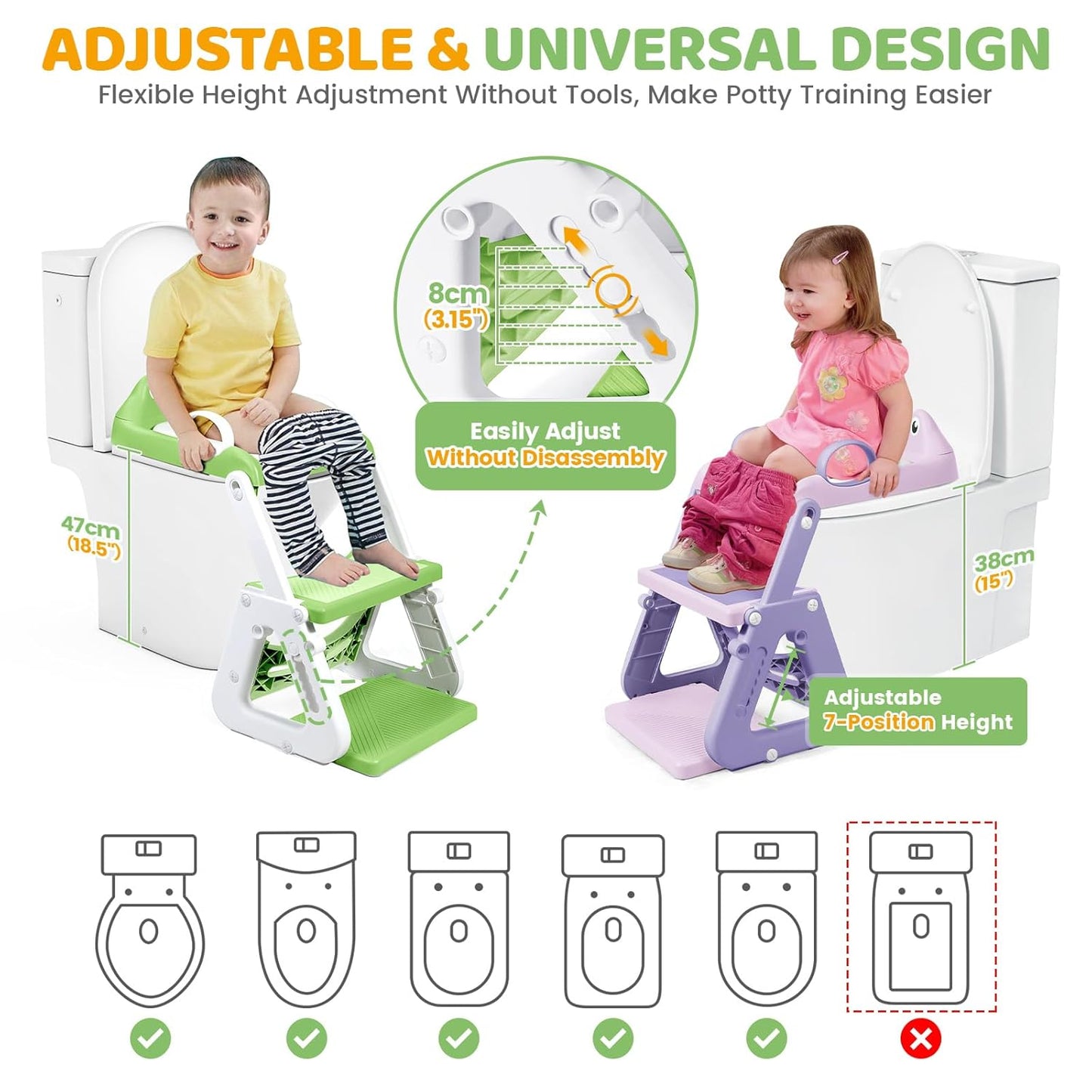 Orzbow Potty Training Seat | Upgrade Toddler Potty Training Toilet with Step Stool, 2-in-1 Stability Toilet Seat for Boys Girls | with Splash Guard, Anti-Slip Pad, Ladder, and Height Adjustable, Pink