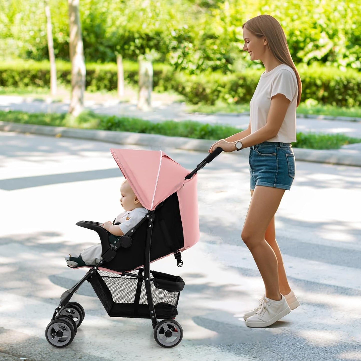 Baby Joy Lightweight Stroller, Compact Toddler Travel Stroller for Airplane, Infant Stroller w/Adjustable Backrest/Footrest/Canopy, 5-Point Harness, Storage Basket, Easy One-Hand Fold (Gray)