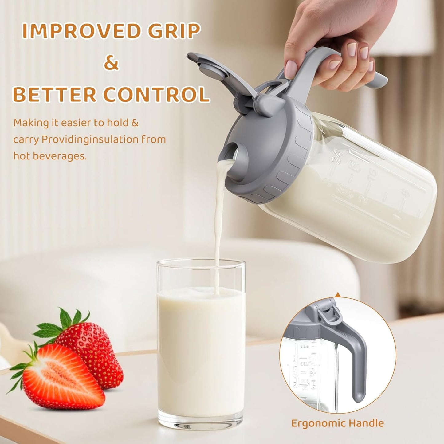 OneDream Breast Milk Pitcher 32oz Glass Pitcher with Lid, Formula Pitcher Leakproof Drip-Free Spout, Wide Mouth Mason Jar Pitcher for Easy Pouring, Dishwasher Safe Breastmilk Storage Pitcher