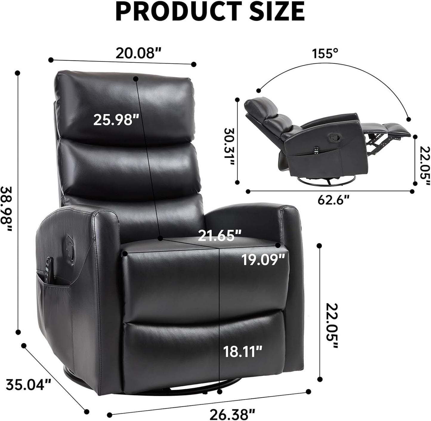 Massage Chair Recliner with Heat, Swivel Rocking Chair Recliner with High Back, Manual Nursery Recliners for Adults,Small Recliner Chair for Small Spaces, Living Room Bedroom, Fabric (Blue Green)