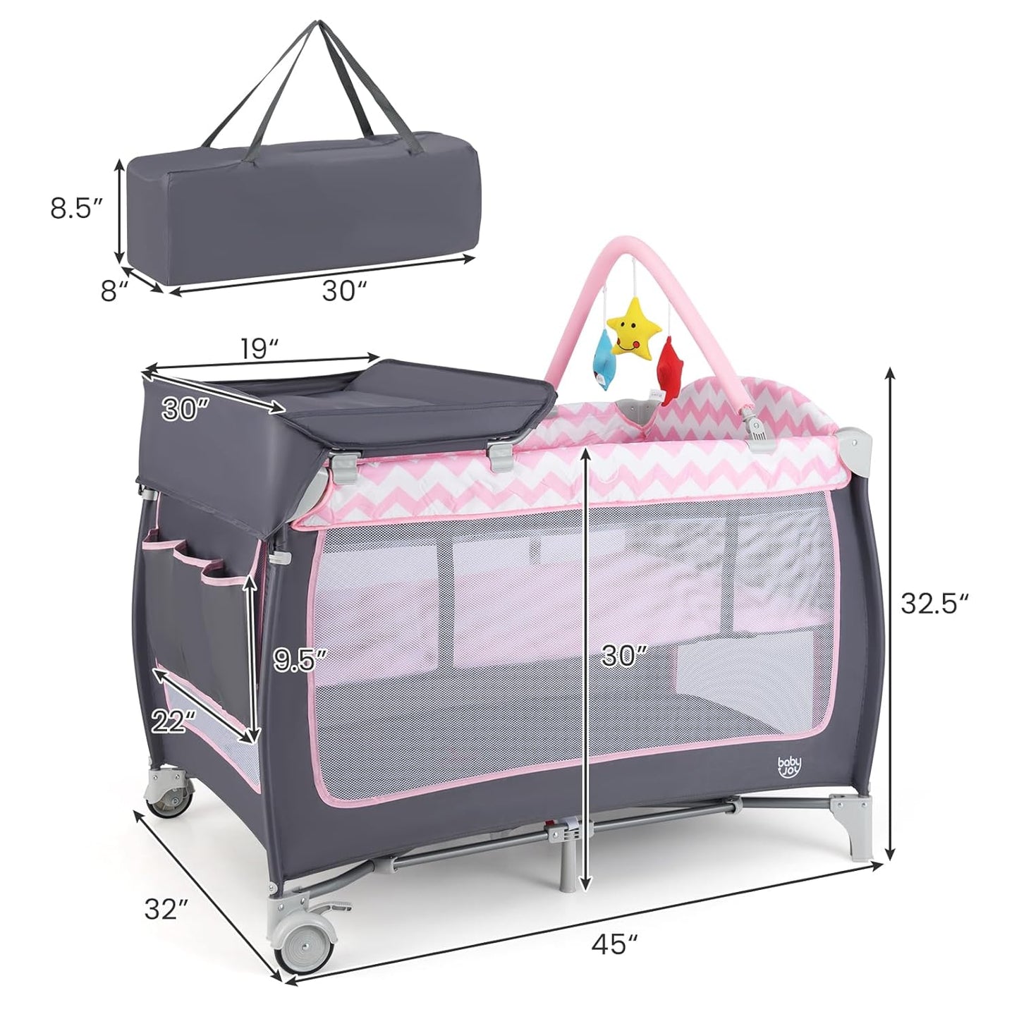BABY JOY 4 in 1 Pack and Play, Portable Baby Playard with Bassinet, Side Zipper Door, Changing Table, Indoor Outdoor Travel Nursery Center w/Hanging Bar, Lockable Wheels, Carry Bag