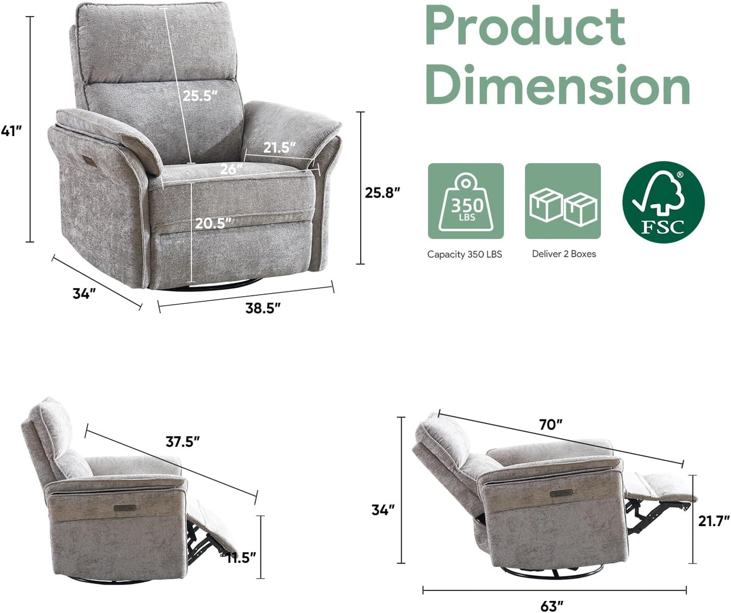 Oversized Swivel Rocker Recliner with Adjustable Headrest, Rocking Chair Nursery with Overstuffed Armrest, Manual Rocker Recliner Nursery Chair for Living Room, White