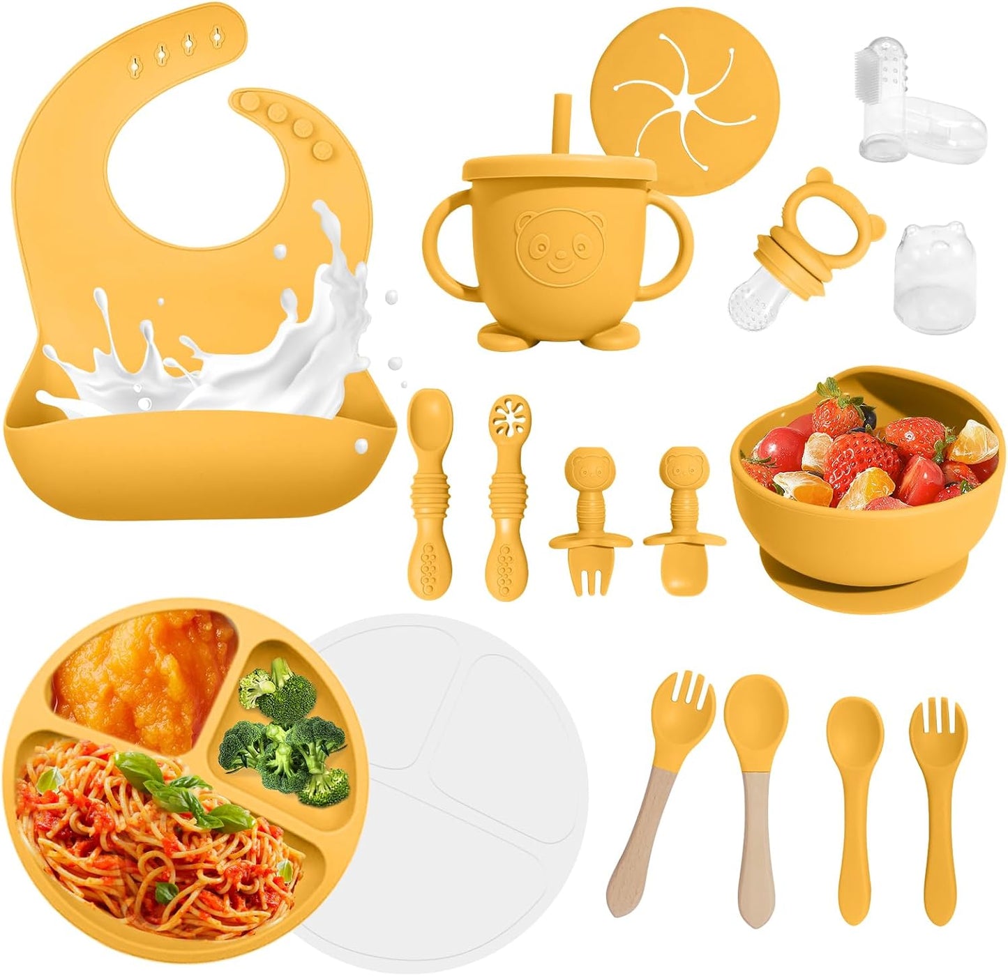 Baby Led Weaning Supplies, 17 Piece BPA-Free Silicone Feeding Set, Eating Essentials Baby Utensils with Suction Plate and Bowl, Pocket Bib, Sippy Cup with Lid, for 6+ Months, Blue