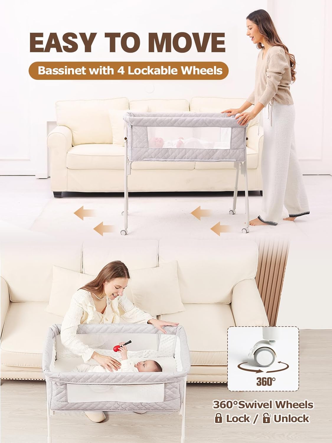 Baby Bassinet Bedside Sleeper - Upgrade Safety Bassinets with Crib Sheet, Easy to Move, 4 Adjustable Height Bedside Bassinet for Infant Newborn, Cream | More Safer, Easy Move, Storage Bag, Waterproof Sheet, Storage Bag, Easy to Install