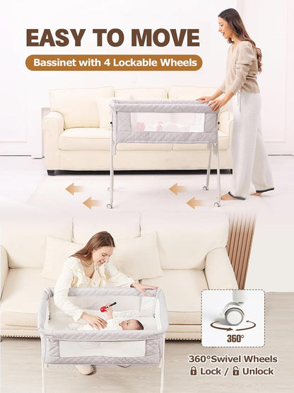 Baby Bassinet Bedside Sleeper - Upgrade Safety Bassinets with Crib Sheet, Easy to Move, 4 Adjustable Height Bedside Bassinet for Infant Newborn, Cream | More Safer, Easy Move, Storage Bag, Waterproof Sheet, Storage Bag, Easy to Install