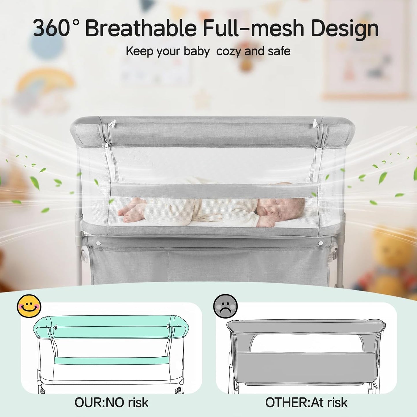 Cowiewie Bassinet Bedside Sleeper,Baby Bassinet Slides Over Bed,5-Position Height Adjustment & Breathable All-Mesh Wall Bedside Bassinet for Baby,Space-Saving Bedside Crib, Height(37.4-41.3"), White