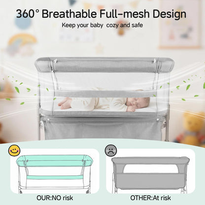 Cowiewie Bassinet Bedside Sleeper,Baby Bassinet Slides Over Bed,5-Position Height Adjustment & Breathable All-Mesh Wall Bedside Bassinet for Baby,Space-Saving Bedside Crib, Height(37.4-41.3"), White