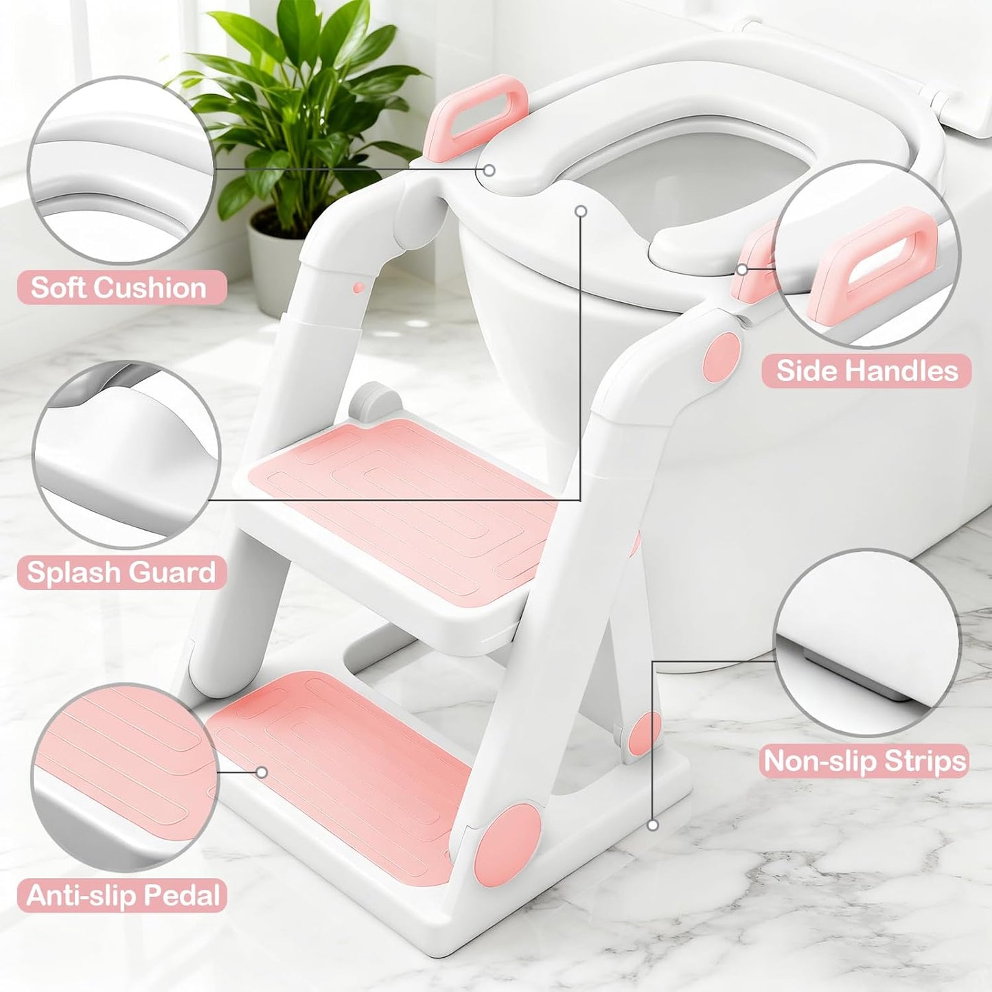 [No Assembly Required] BABY JOYCE Potty Training Seat with Step Stool Ladder, Extra Sturdy Integrated Toddler Toilet Seat for Boys Girls, Anti-Slip Step & Splash Guard, Foldable Potty Ladder (Grey)