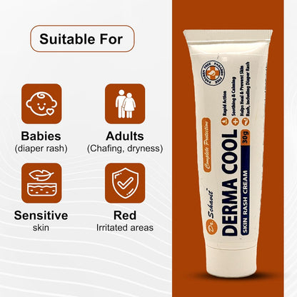 Derma Cool Skin Rash Cream – Rapid-Action Soothing Relief for Red, Irritated, Dry Skin & Diaper Rash – Helps Heal, Protect & Prevent Rashes. Intensive Care Formula 30g