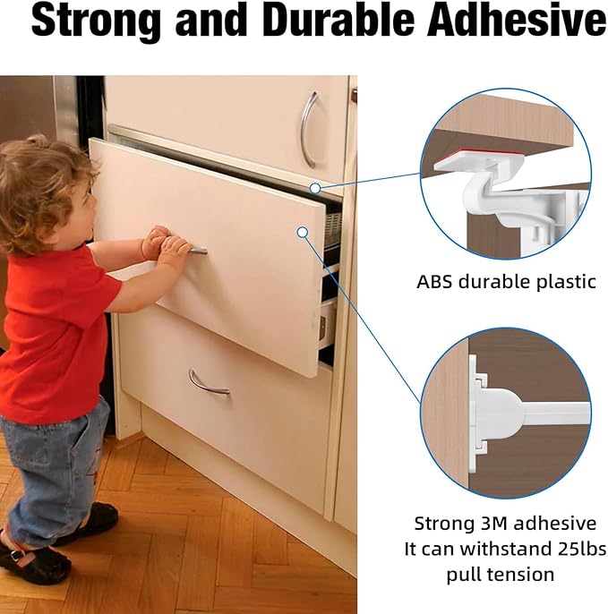 20 Pack Upgraded Invisible Baby Proofing Cabinet Latch Locks – No Drilling or Tools Required, Strong Adhesive, Works with Countertop Overhangs, Secure Child Safety Locks for Cabinets & Drawers